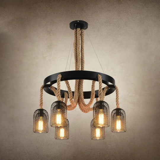 Vintage Iron Chandelier Pendant Light With Rope Detail For Restaurants - Black 6 /