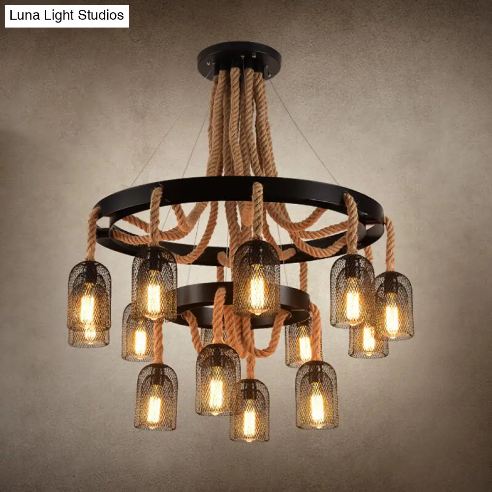 Cylinder Iron Chandelier Light: Vintage Pendant Fixture With Dangling Rope Black Color For