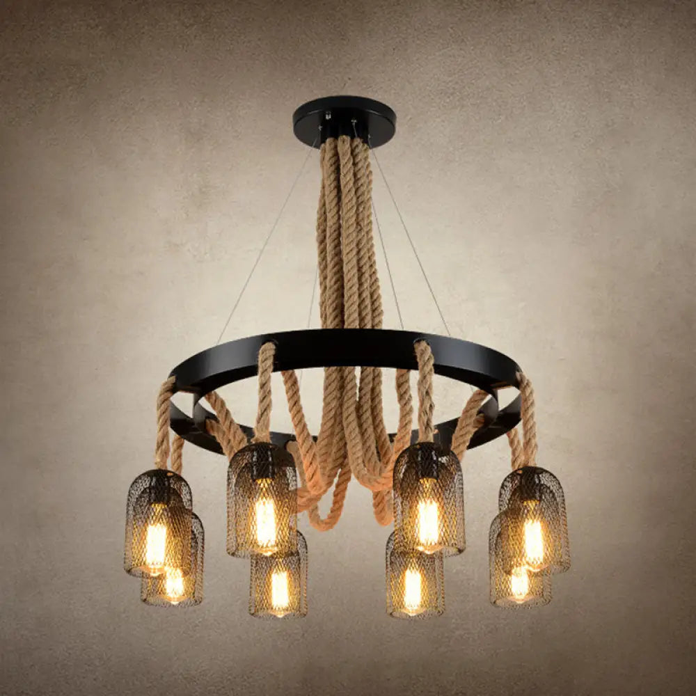 Vintage Iron Chandelier Pendant Light With Rope Detail For Restaurants - Black 8 /