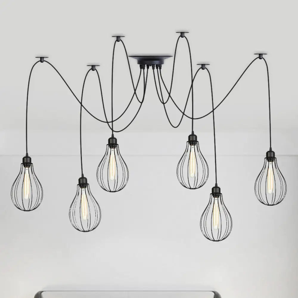 Vintage Iron Pear Cage Hanging Light: 2/3/6-Light Coffee House Swag Pendulum Lamp In Black 6 /