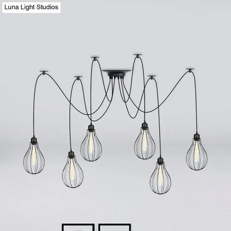 Vintage Iron Pear Cage Hanging Light: 2/3/6-Light Coffee House Swag Pendulum Lamp In Black