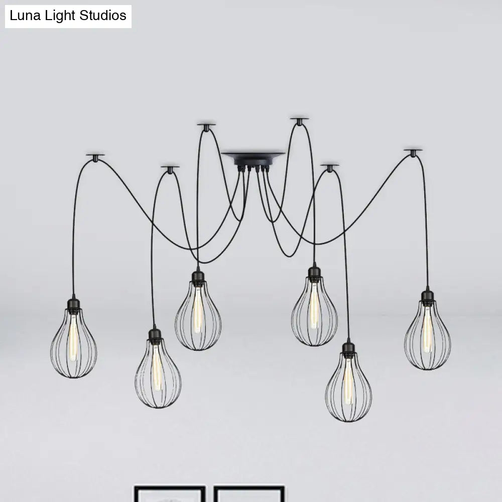Vintage Iron Pear Cage Hanging Light: 2/3/6-Light Coffee House Swag Pendulum Lamp In Black