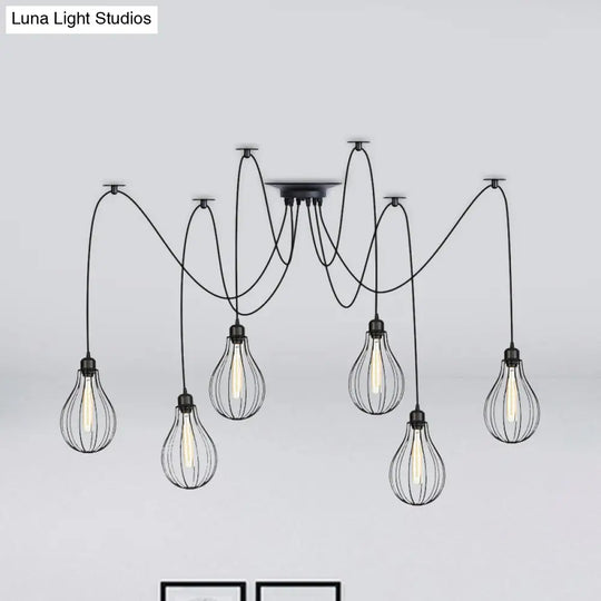 Vintage Iron Pear Cage Hanging Light: 2/3/6-Light Coffee House Swag Pendulum Lamp In Black