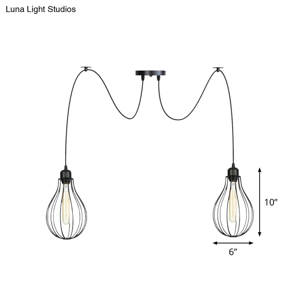 Vintage Iron Pear Cage Hanging Light: 2/3/6-Light Coffee House Swag Pendulum Lamp In Black