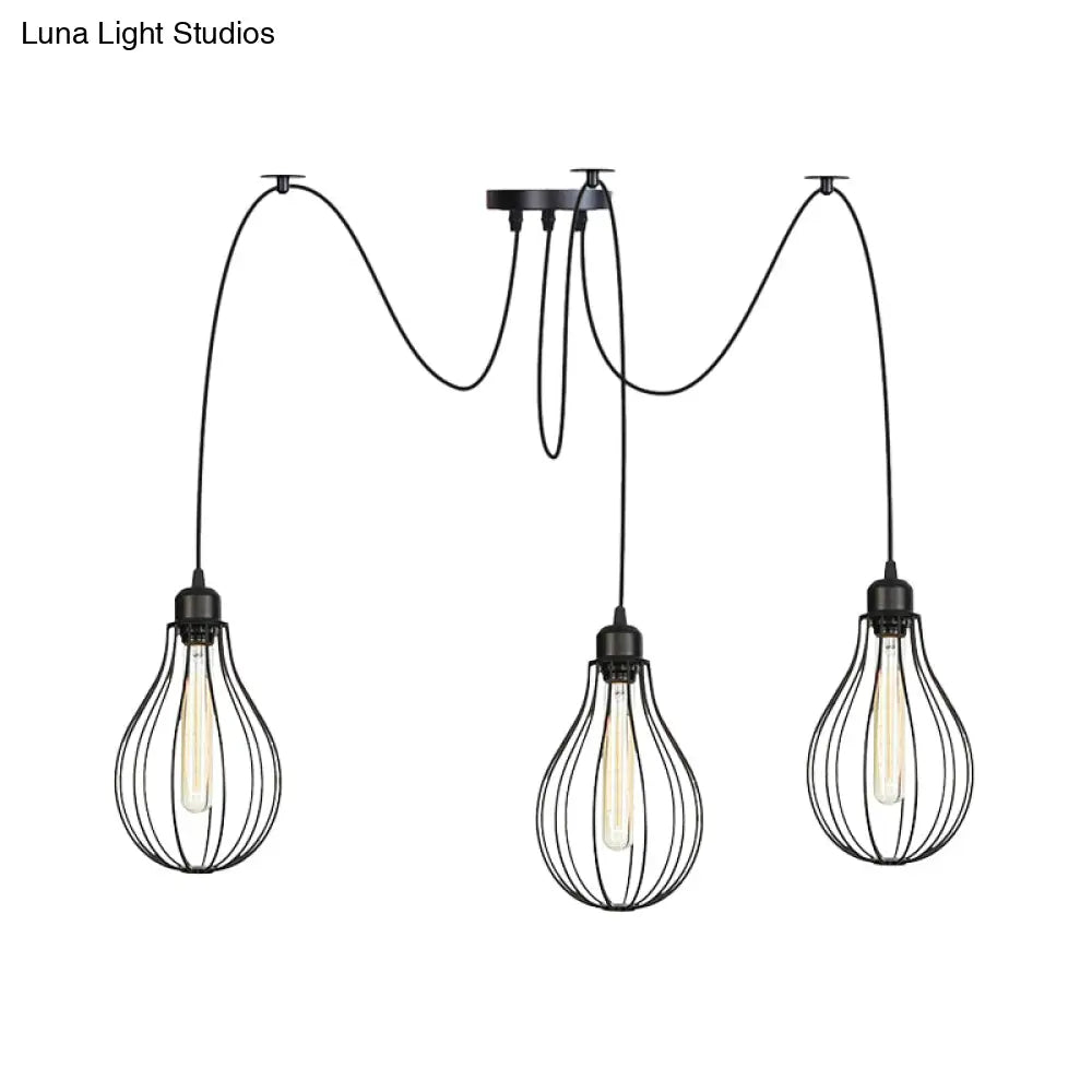 Vintage Iron Pear Cage Hanging Light: 2/3/6-Light Coffee House Swag Pendulum Lamp In Black