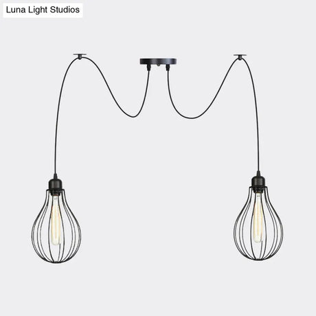Vintage Iron Pear Cage Hanging Light: 2/3/6-Light Coffee House Swag Pendulum Lamp In Black