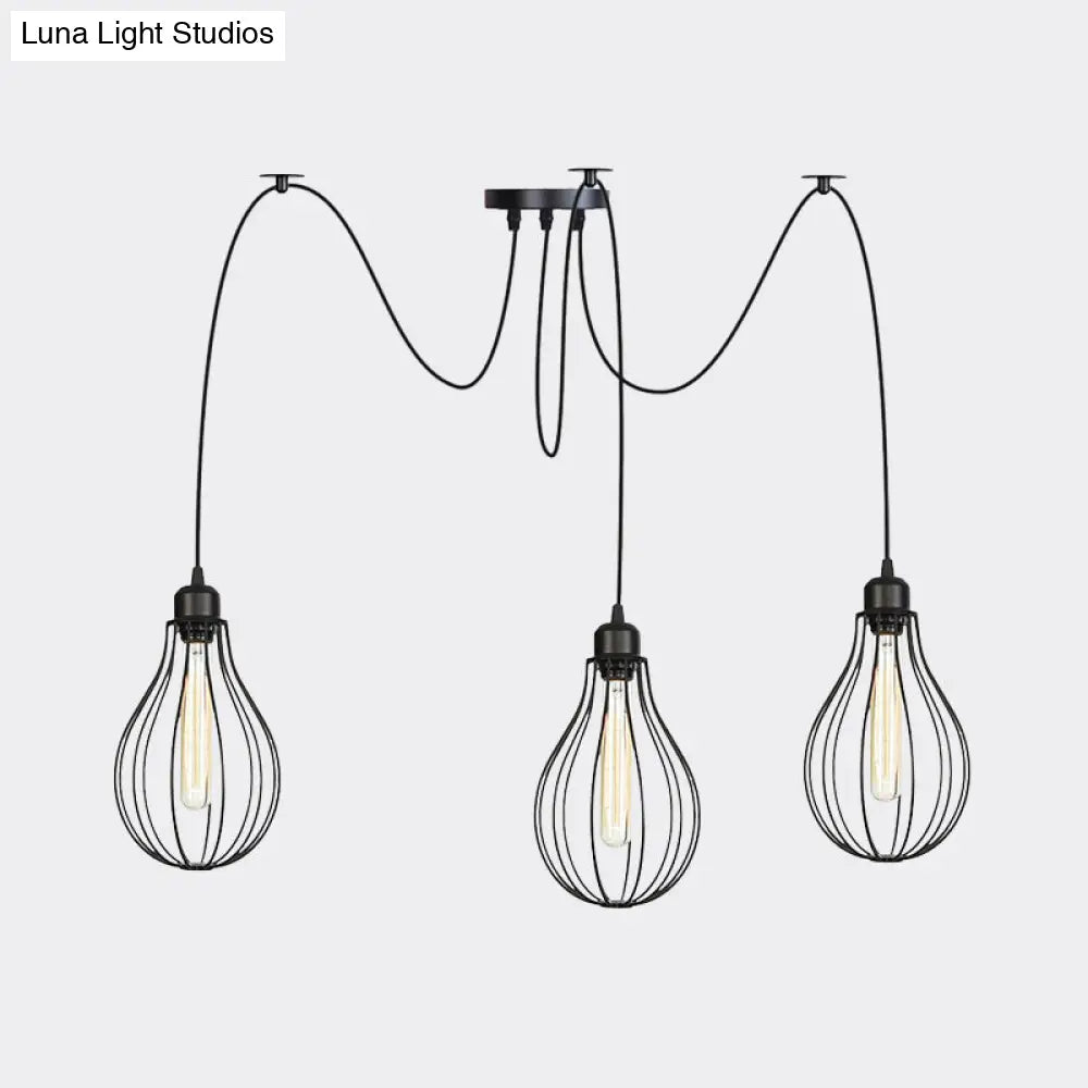 Vintage Iron Pear Cage Swag Pendant Lamp Black Multiple Hanging Lights 2/3/6 Light Options