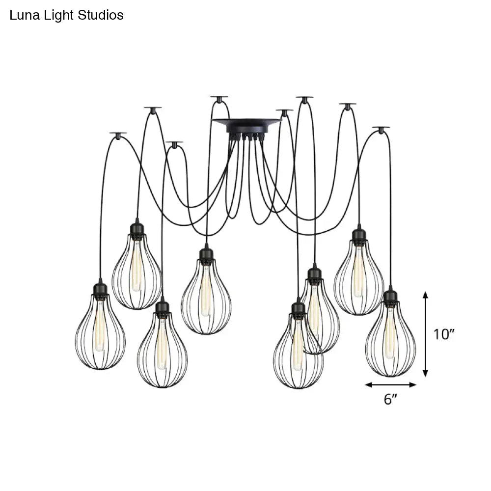 Vintage Iron Pear Cage Hanging Light: 2/3/6-Light Coffee House Swag Pendulum Lamp In Black