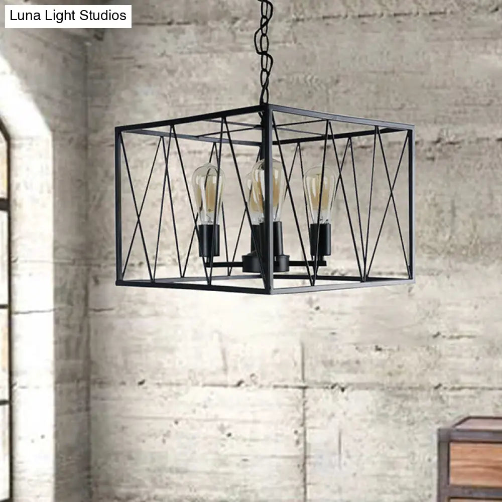 Vintage Iron Cuboid Wire Frame Pendant Light Fixture With 4 Heads - Black
