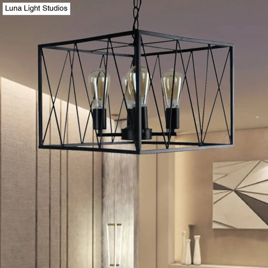 Vintage Iron Cuboid Wire Frame Pendant Light Fixture With 4 Heads - Black