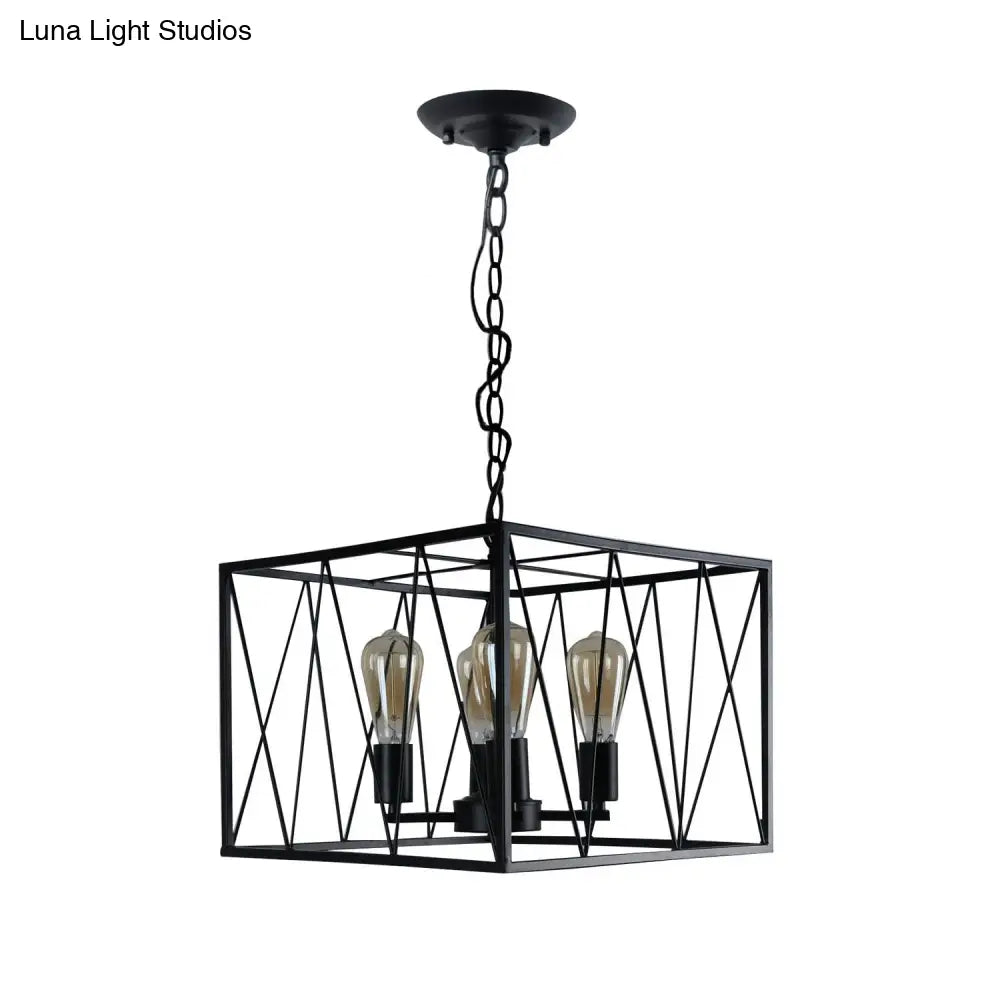 Vintage Iron Cuboid Wire Frame Pendant Light Fixture With 4 Heads - Black