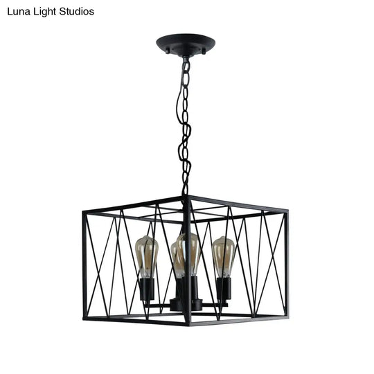 Vintage Iron Cuboid Wire Frame Pendant Light Fixture With 4 Heads - Black