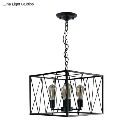 Vintage Iron Pendant Light Fixture With 4 Black Cuboid Wire Frame Heads For Dining Room