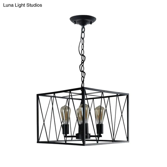 Vintage Iron Pendant Light Fixture With 4 Black Cuboid Wire Frame Heads For Dining Room