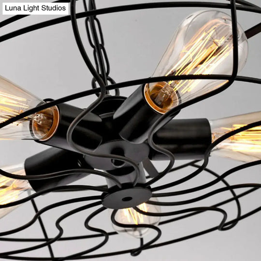 Vintage Iron Pendant Light With 5 Hanging Heads In Black