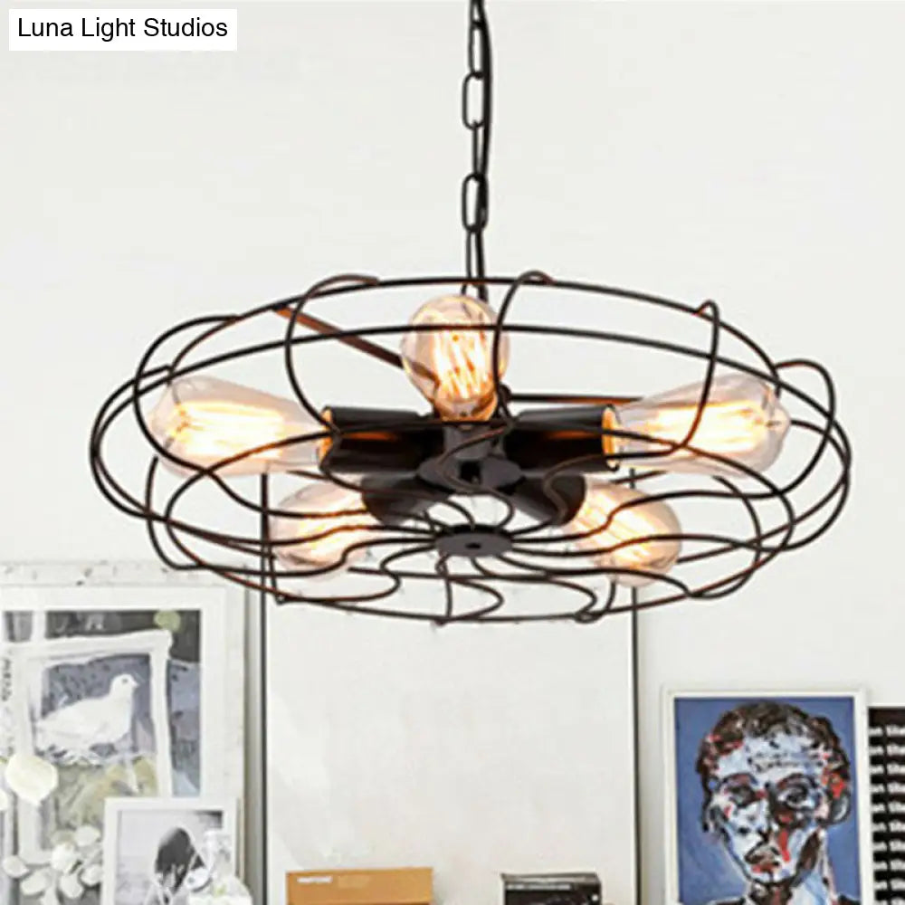 Vintage Iron Pendant Light With 5 Hanging Heads In Black