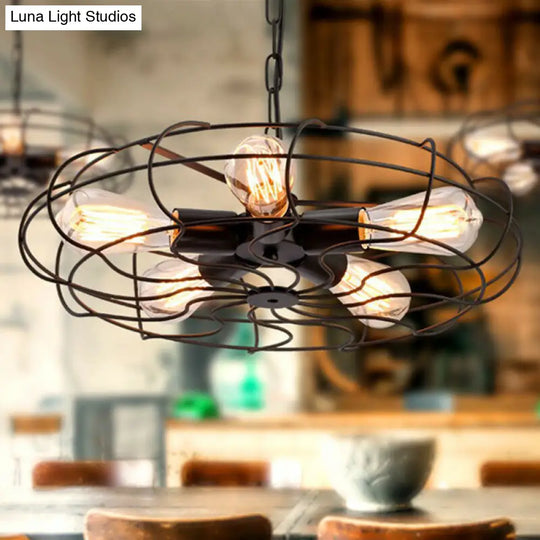 Vintage Fan Cage Chandelier Pendant Light - 5 Head Iron Hanging Lamp Black