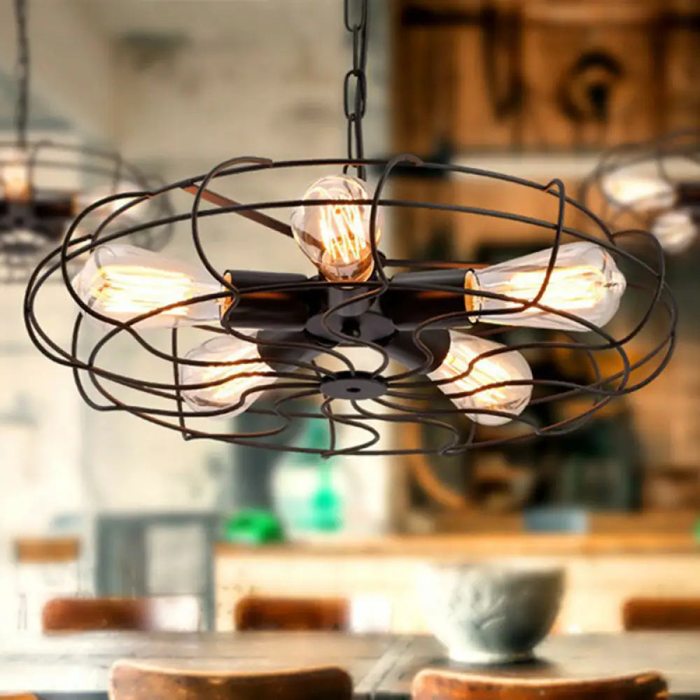 Vintage Iron Pendant Light With 5 Hanging Heads In Black