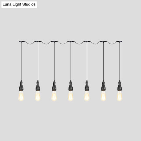 Vintage Iron Restaurant Pendant Lamp - Exposed Bulb Black Finish 5/7 Lights Tandem Multi-Hanging