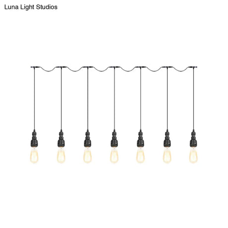Vintage Iron Restaurant Pendant Lamp - Exposed Bulb Black Finish 5/7 Lights Tandem Multi-Hanging