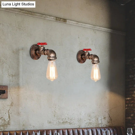 Vintage Iron Wall Mounted Lamp With Exposed Bulb And Valve Decor