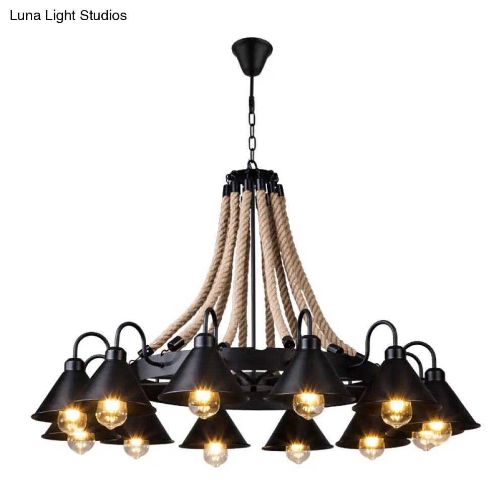 Vintage Iron Wheel Chandelier Pendant Light With Hemp Rope In Black For Restaurants