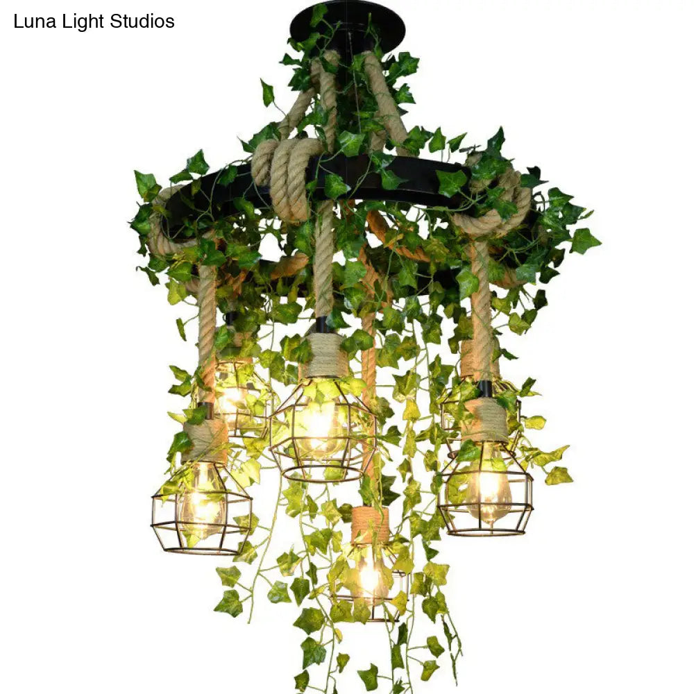 Vintage Iron Wire Cage Chandelier Pendant Light With Rustic Hemp Rope And Faux Plant