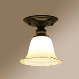 Vintage Ivory Glass Flared Ceiling Light With 1 Bulb - Semi Mount Black Fixture