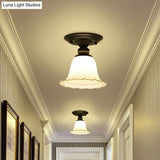 Vintage Ivory Glass Flared Ceiling Light With 1 Bulb - Semi Mount Black Fixture