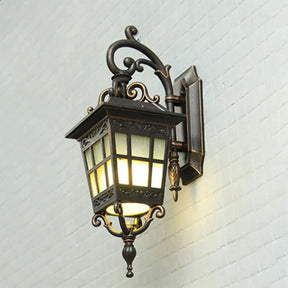 Vintage Lantern Sconce Light - Single Frosted Glass Outdoor Wall Mount With Black Scroll Arm