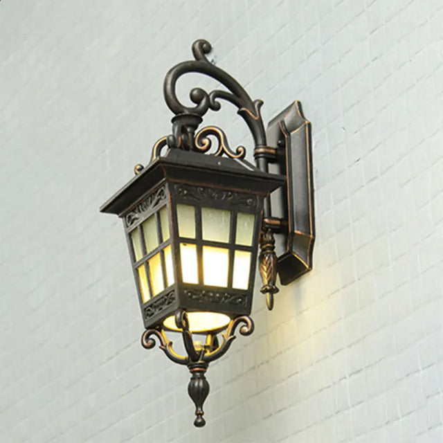Vintage Lantern Sconce Light - Single Frosted Glass Outdoor Wall Mount With Black Scroll Arm