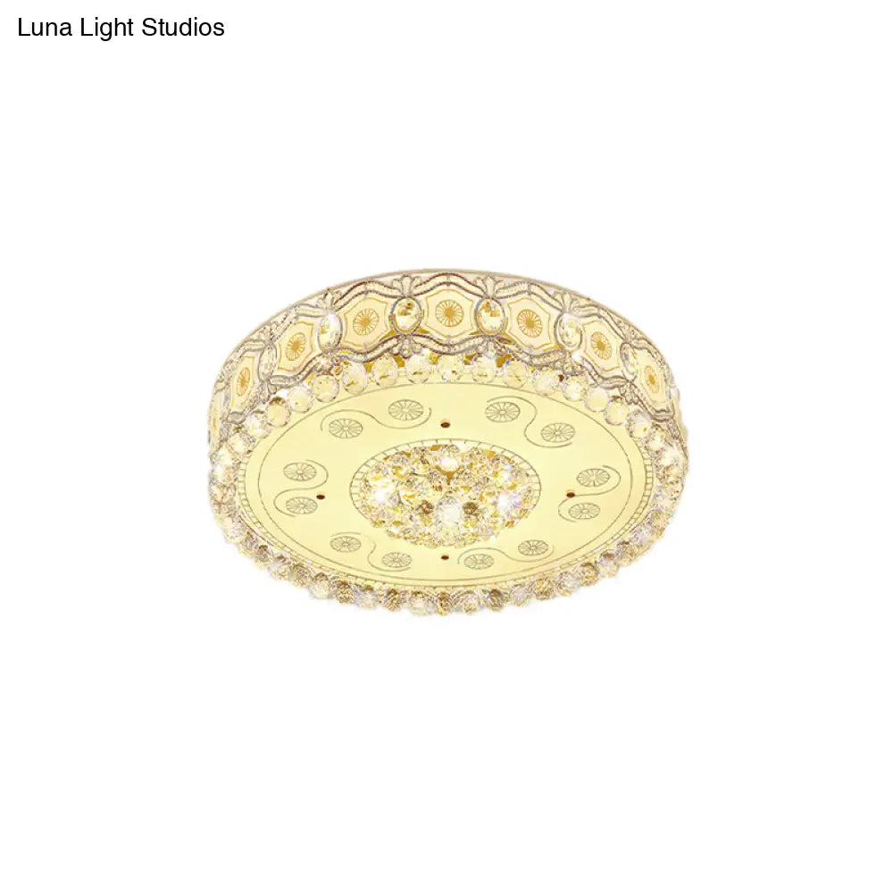 Vintage Led Flush Mount Ceiling Lamp With Etched Design Clear Crystal Accents And White Glass Circle