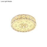 Vintage Led Flush Mount Ceiling Lamp With Etched Design Clear Crystal Accents And White Glass Circle