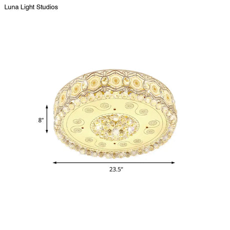 Vintage Led Flush Mount Ceiling Lamp With Etched Design Clear Crystal Accents And White Glass Circle