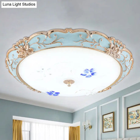 Vintage Led Flush Mount Light With Floral Shade And Opaque Glass - 13’/16’/19.5’ Wide Blue