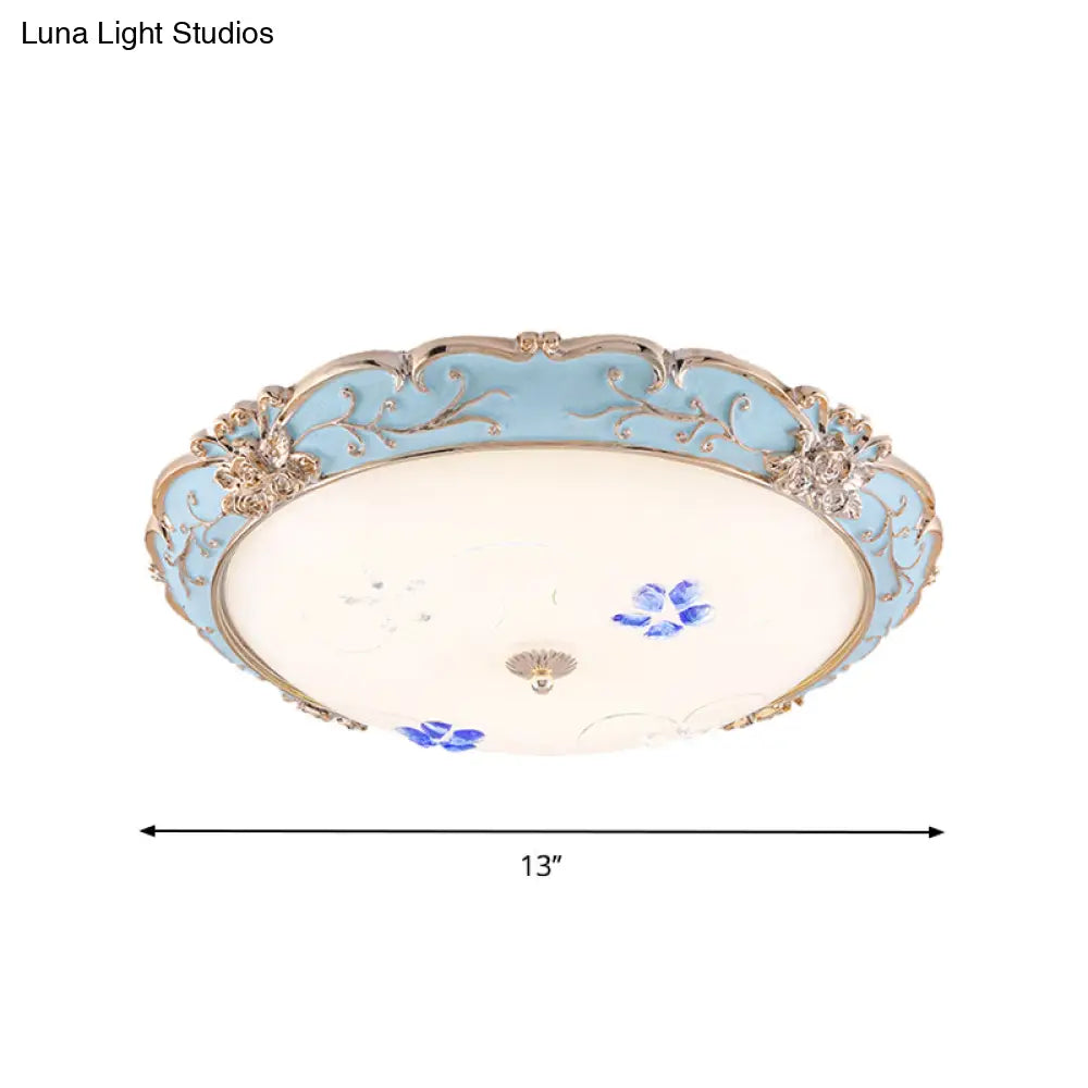Vintage Led Flush Mount Light With Floral Shade And Opaque Glass - 13’/16’/19.5’ Wide Blue