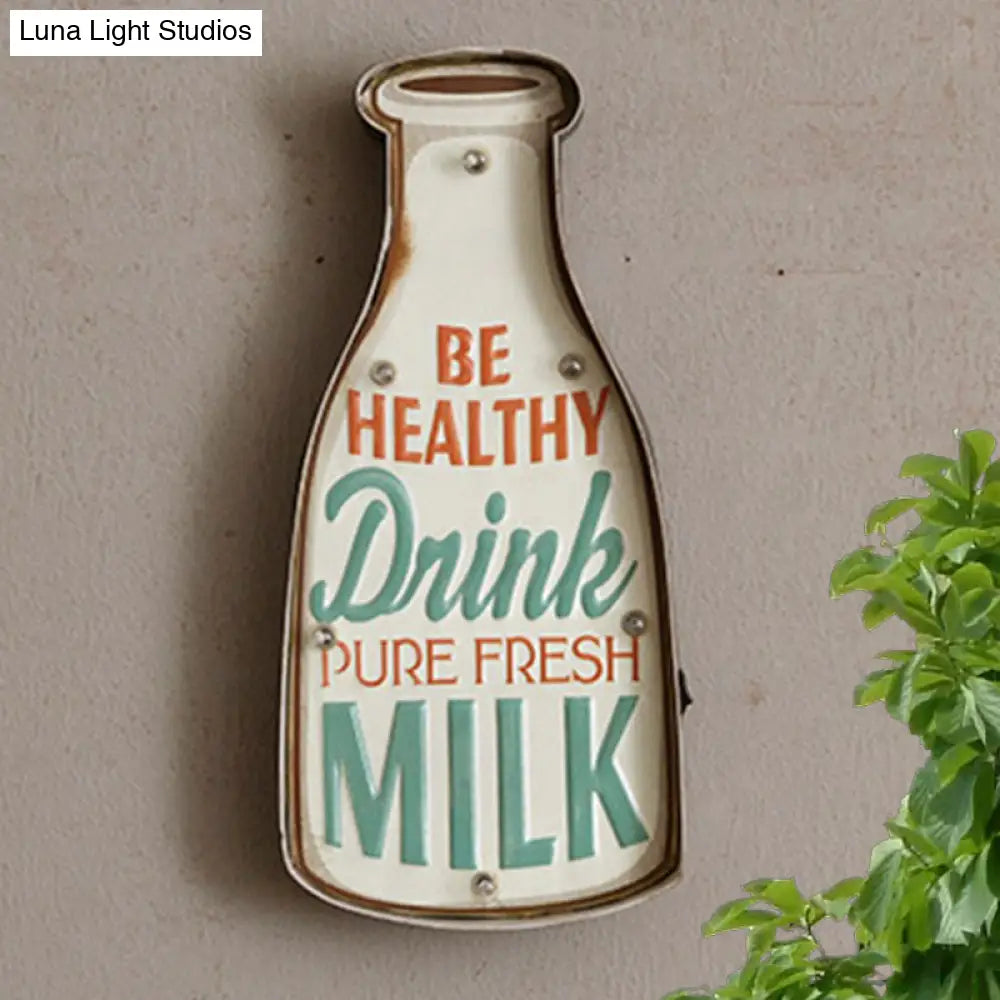 Vintage Led Wall Mounted Light: Red Coffee Cup/White Milk Bottle Signage Night Lamp With Iron Shade