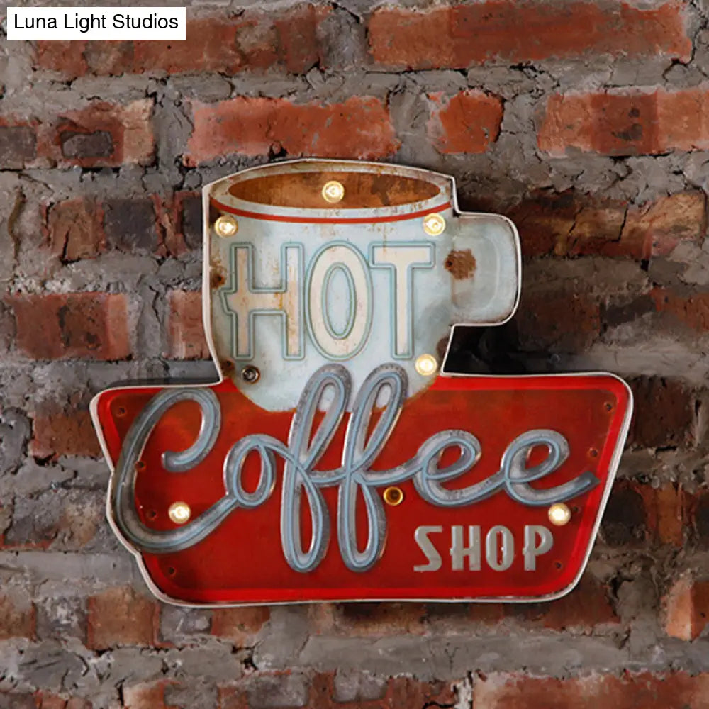 Vintage Led Wall Mounted Light: Red Coffee Cup/White Milk Bottle Signage Night Lamp With Iron Shade