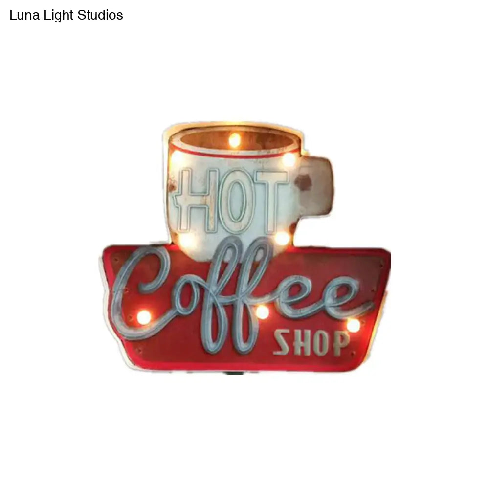 Vintage Led Wall Mounted Light: Red Coffee Cup/White Milk Bottle Signage Night Lamp With Iron Shade