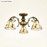 Vintage Lodge Stained Glass Semi Flush Ceiling Light In White/Antique Brass With Conical Design -