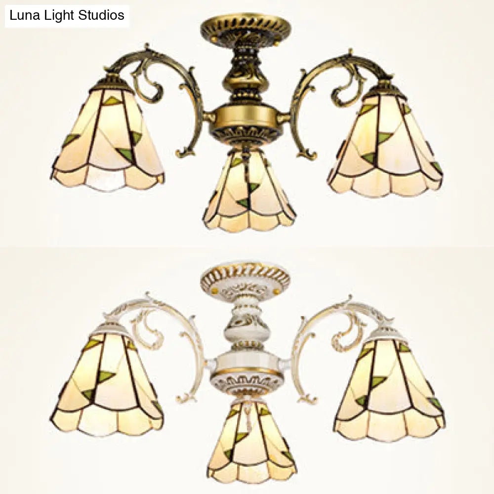 Vintage Lodge Stained Glass Semi Flush Ceiling Light In White/Antique Brass With Conical Design -