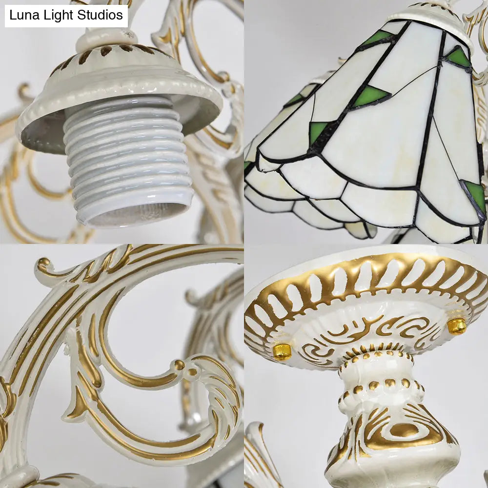 Vintage Lodge Stained Glass Semi Flush Ceiling Light In White/Antique Brass With Conical Design -