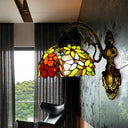 Vintage Loft Style Floral Wall Sconce With Stained Glass Shade - 1 Light Red Indoor Lighting Fixture