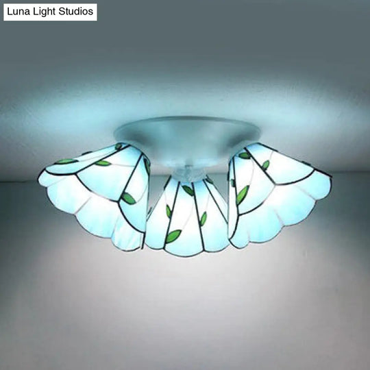 Vintage Magnolia Stained Glass 3-Head Ceiling Fixture In White Flush Mount / Leaf