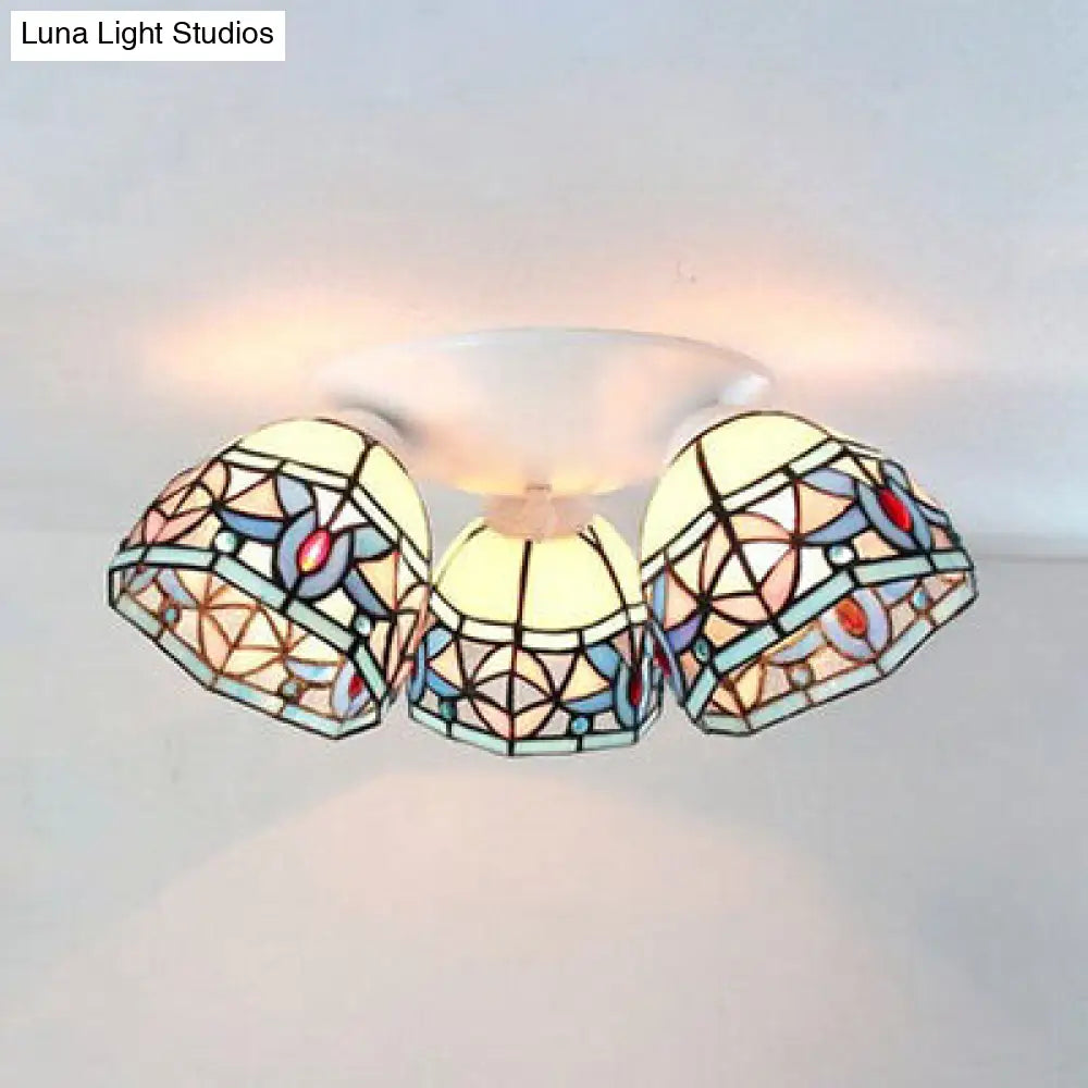 Vintage Magnolia Stained Glass 3-Head Ceiling Fixture In White Flush Mount /
