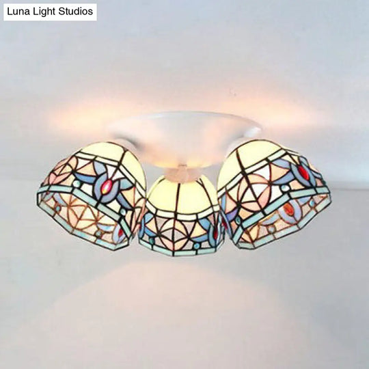 Vintage Magnolia Stained Glass 3-Head Ceiling Fixture In White Flush Mount /