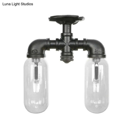 Vintage Matte Black Semi Mount Ceiling Light With Clear Glass Shades - 2 - Light Capsule Design