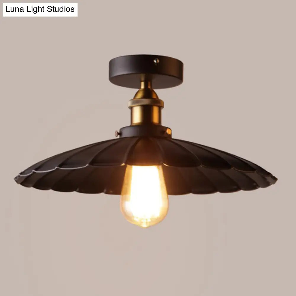 Vintage Metal 1 - Light Semi - Flush Ceiling Light - Black Shaded Kitchen Fixture / 10’ Umbrella