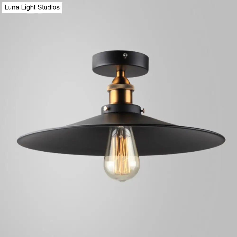 Vintage Metal 1 - Light Semi - Flush Ceiling Light - Black Shaded Kitchen Fixture / 10’ Wide Flare