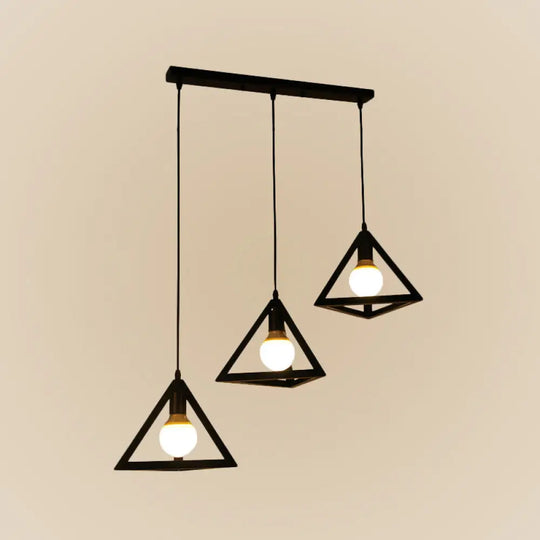 Vintage Metal 3-Light Geometric Cage Ceiling Lamp For Dining Room Black / Triangle
